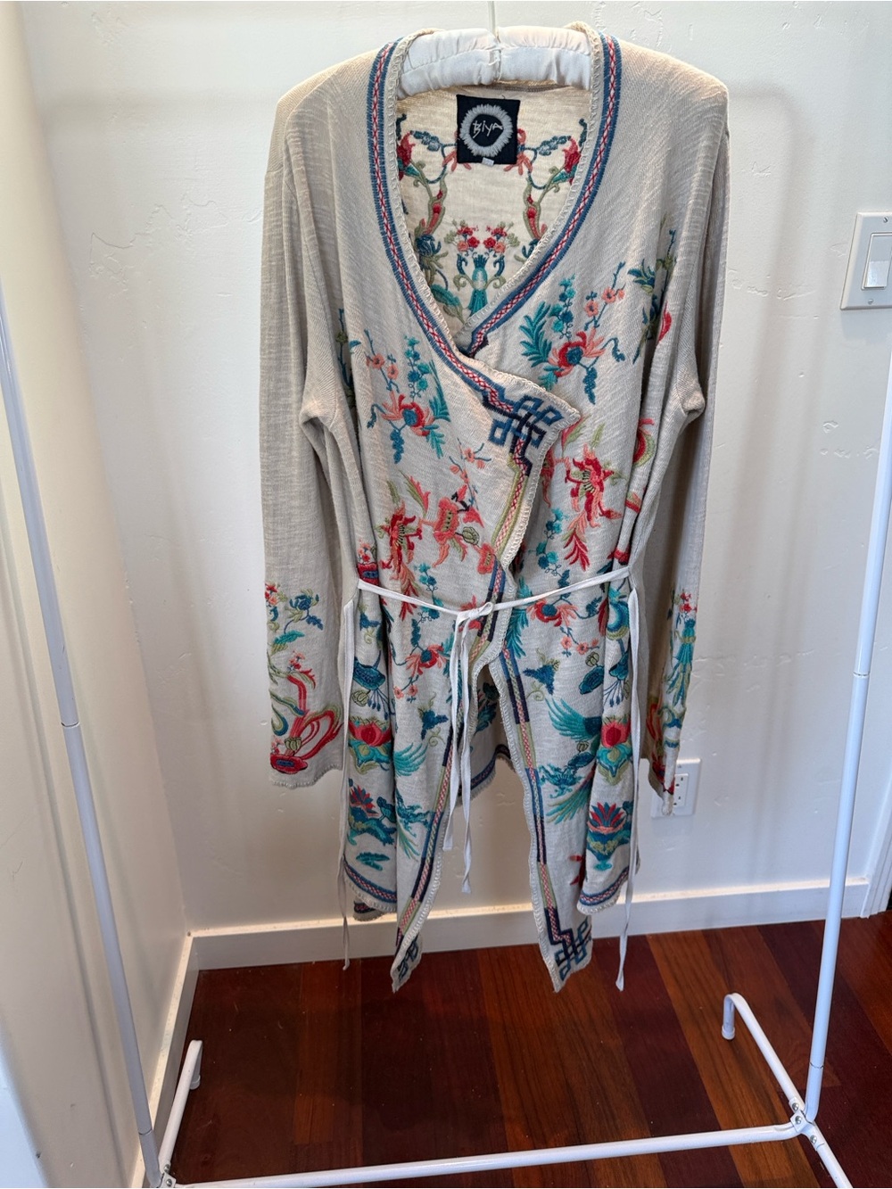 Johnny Was Cream Wrap Cardigan with Teal, Coral & Navy Embroidery - Picture 5 of 5